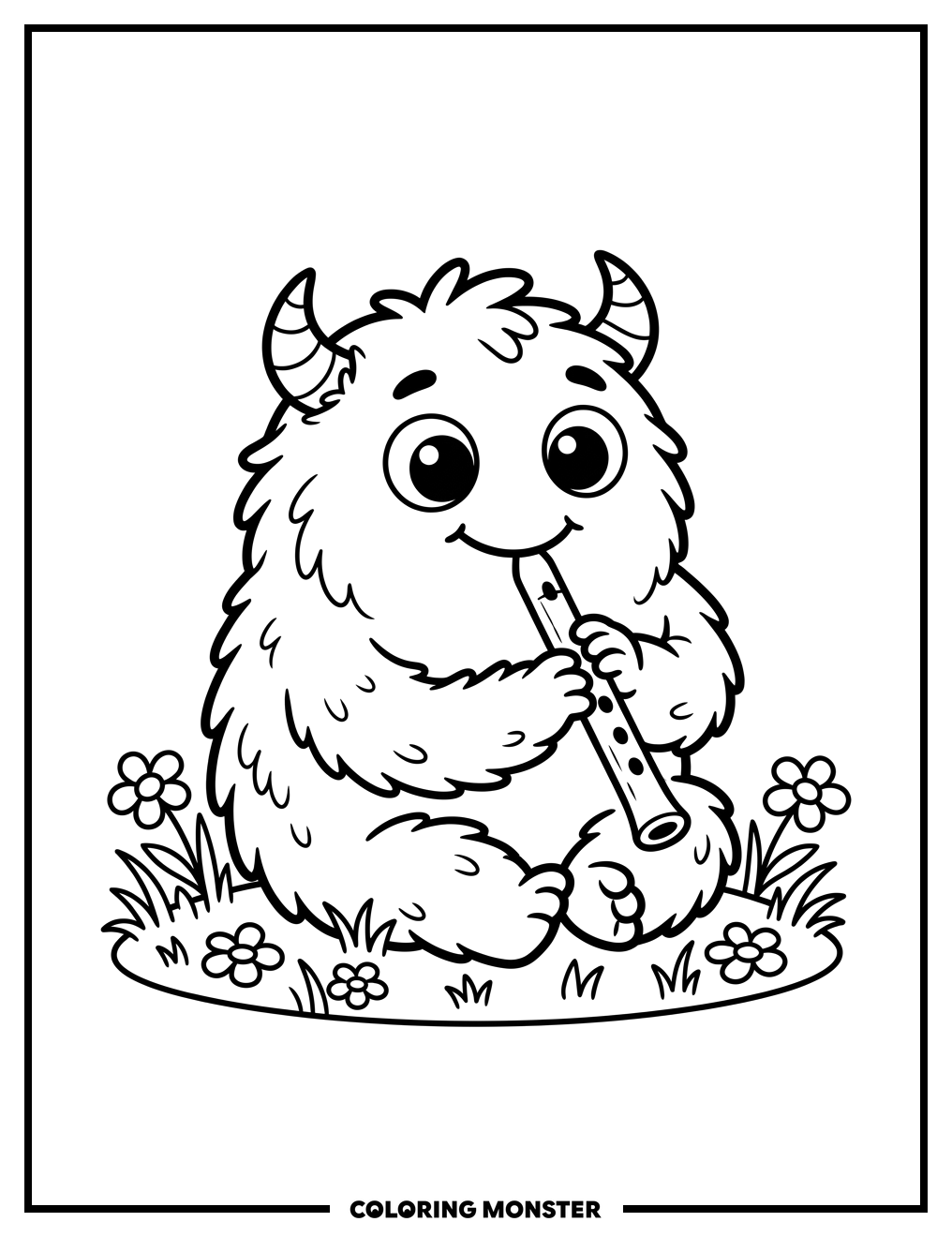 Fuzzy Monster Playing Flute Coloring Page