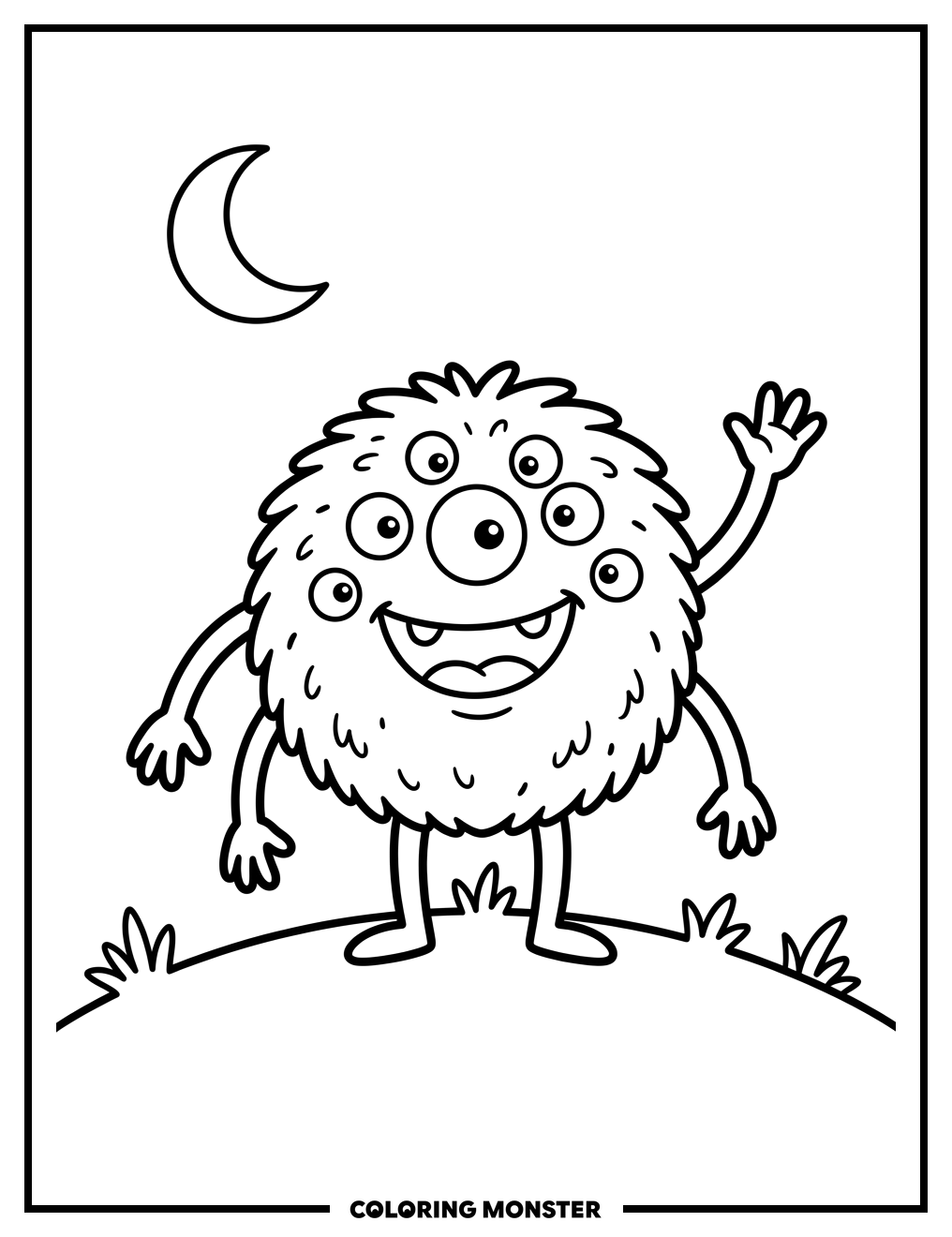 Fuzzy Monster Under Crescent Moon Coloring Page