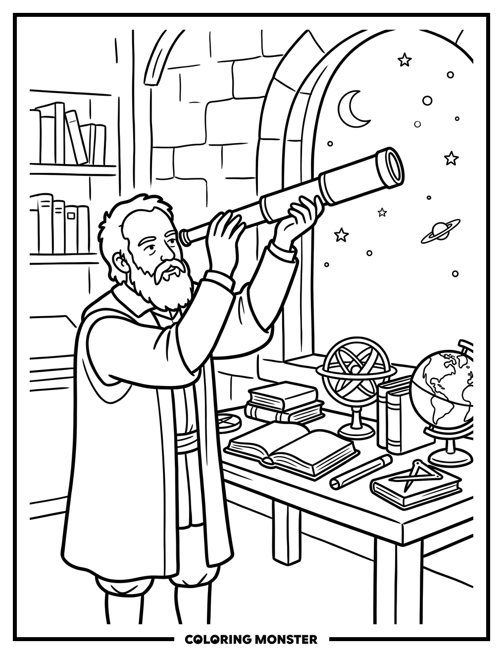 Galileo's Study Telescope Coloring Page