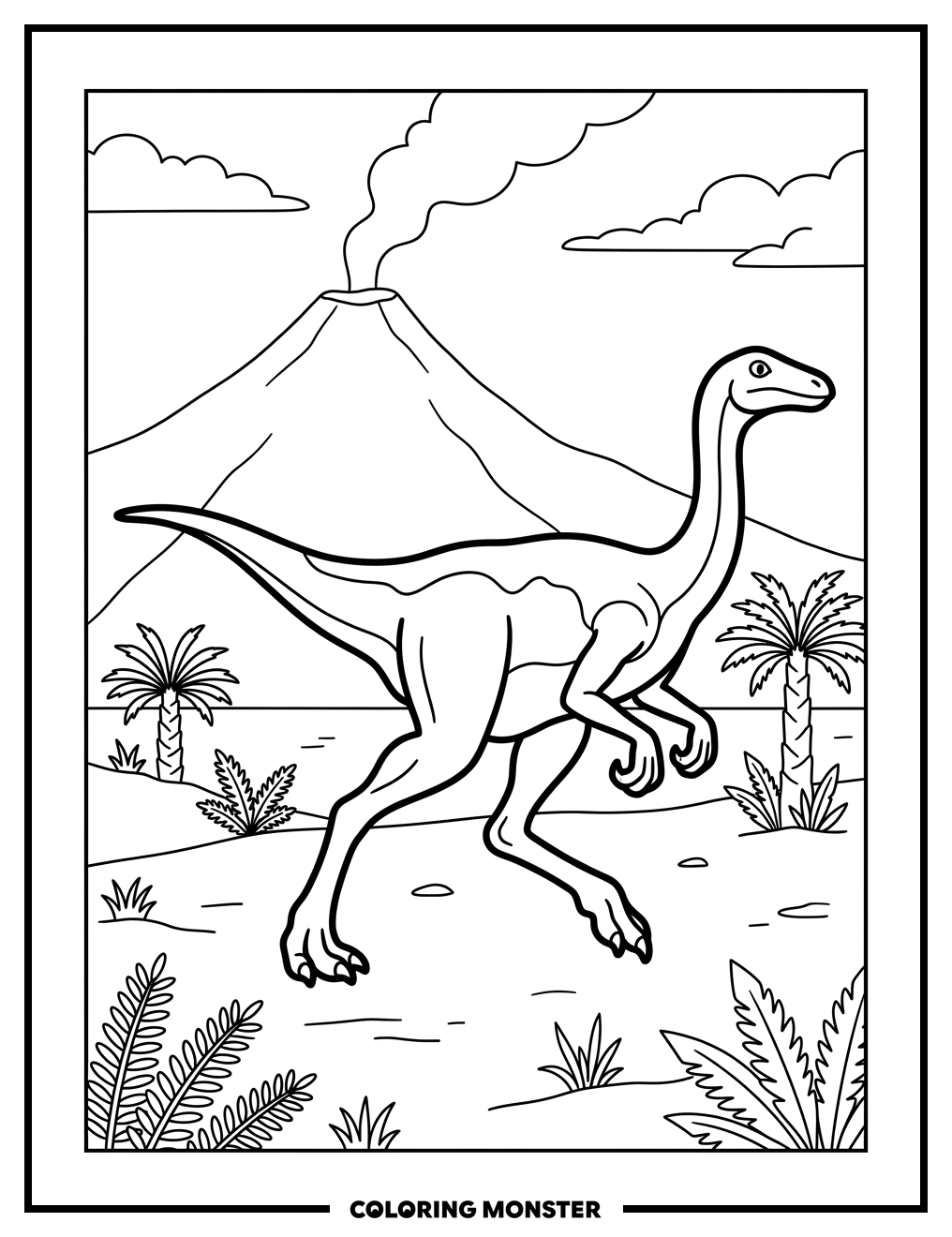 Gallimimus Running Across a Dusty Plain Coloring Page