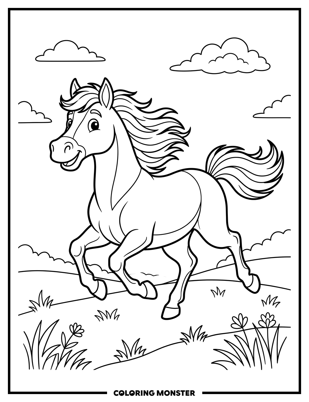 Galloping Cartoon Horse in Field Coloring Page