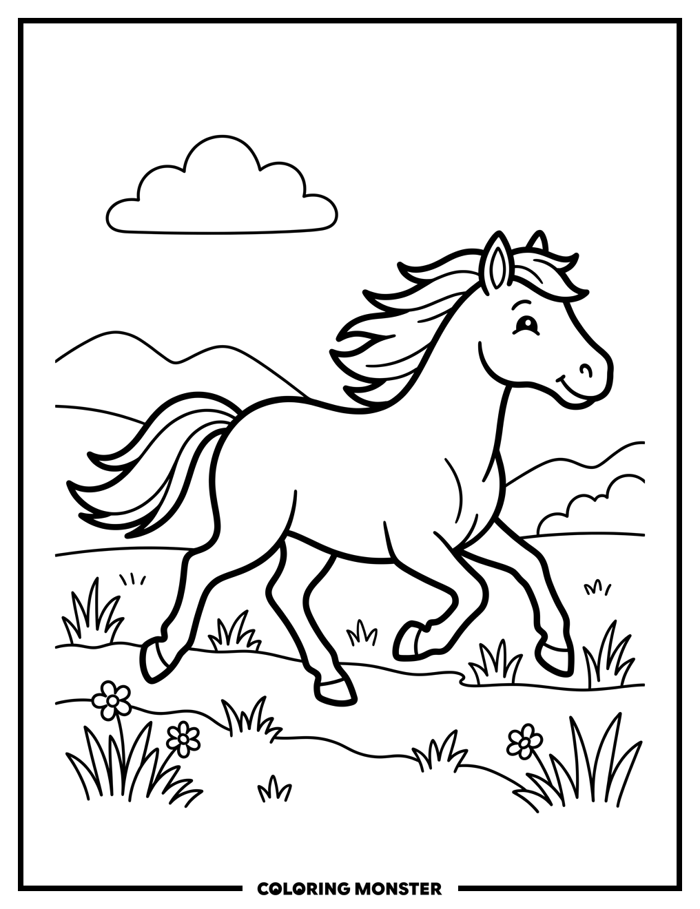 Galloping Horse in Grassy Field Coloring Page
