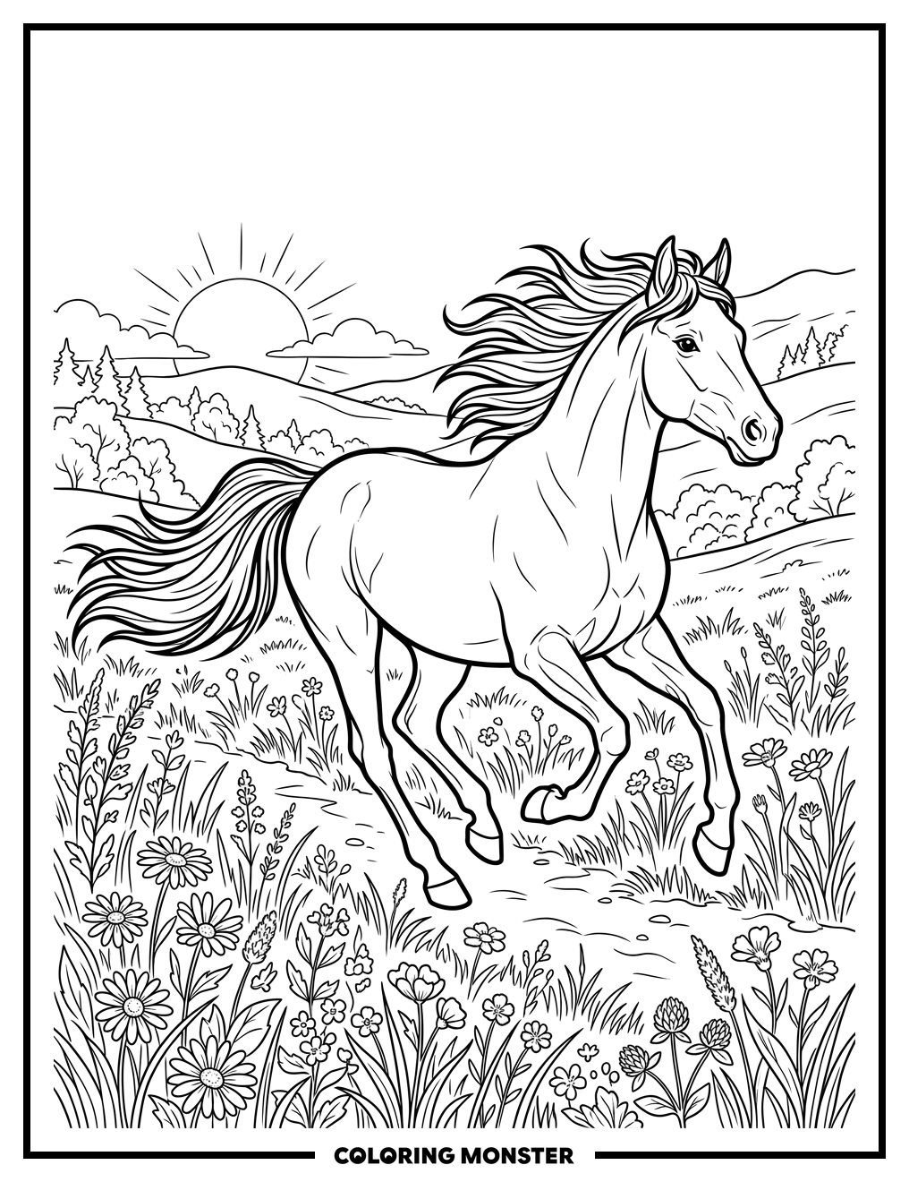 Galloping Horse in Wildflower Meadow Coloring Page