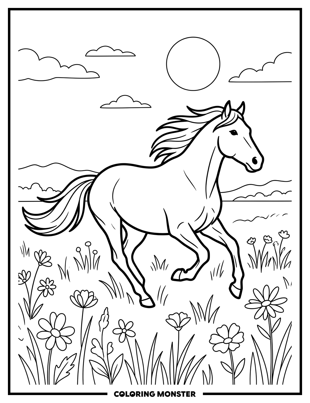 Galloping Horse in Wildflower Meadow Coloring Page
