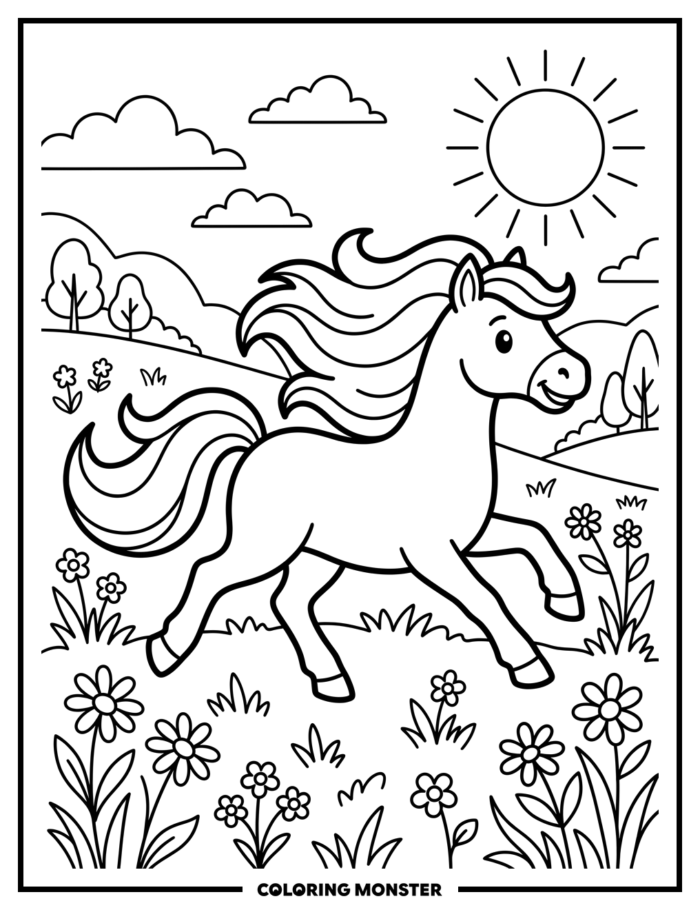 Galloping Pony in a Sunny Field Coloring Page