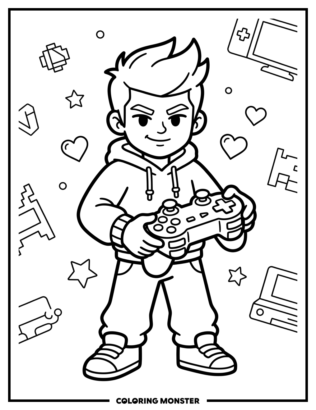 Gamer Holding Video Game Controller Coloring Page