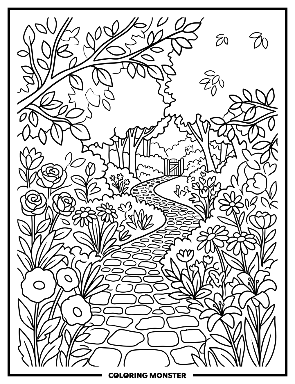 Garden Path with Blooming Flowers Coloring Page
