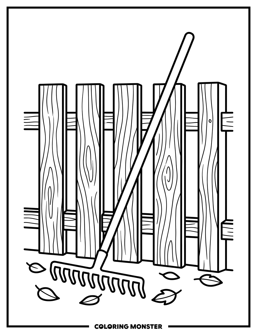 Garden Rake by Fence Coloring Page