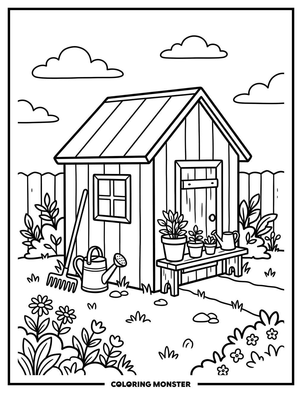 Garden Shed with Tools and Plants Coloring Page