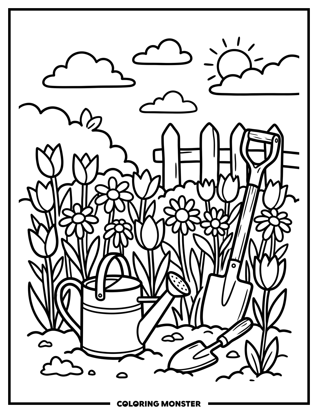 Garden Tools and Flowers Coloring Page