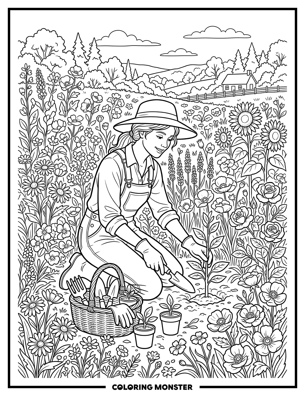 Gardener Kneeling in a Field of Flowers