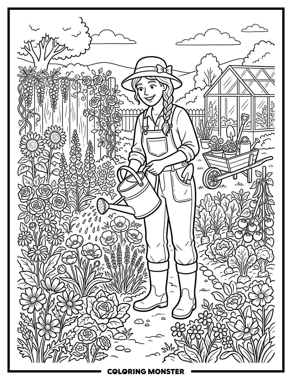 Gardener Tending A Lush Garden Coloring Page