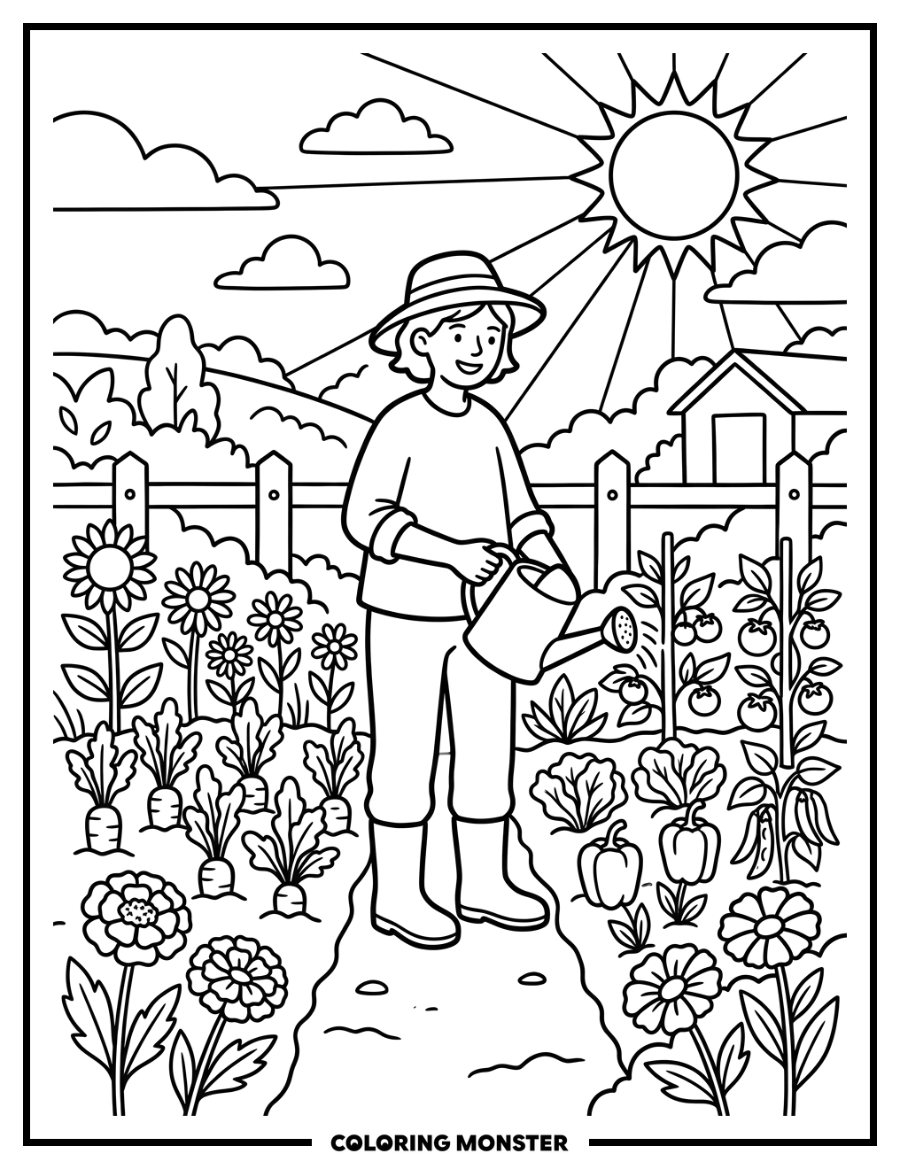 Gardener Tending a Sunny Garden Coloring Page