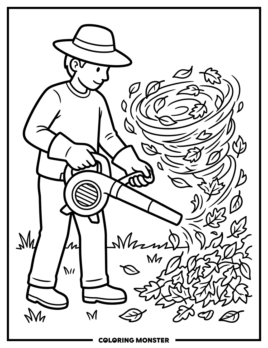 Gardener with Leaf Blower and Autumn Leaves Coloring Page
