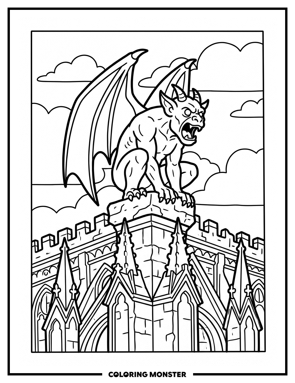 Gargoyle Perched on Cathedral Roof Coloring Page