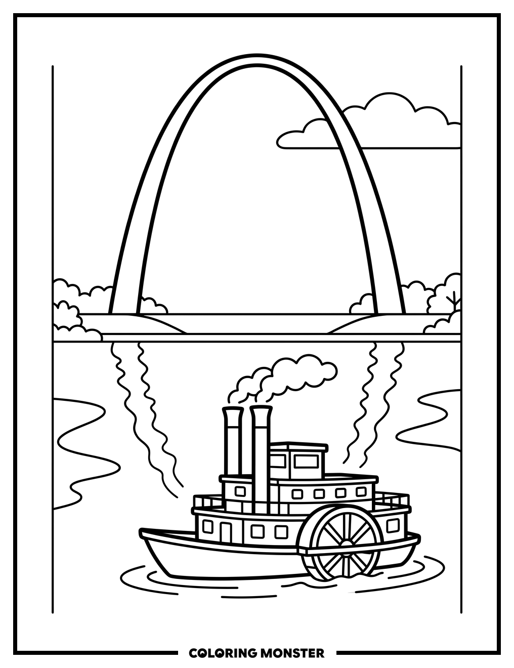 Gateway Arch and Steamboat Coloring Page