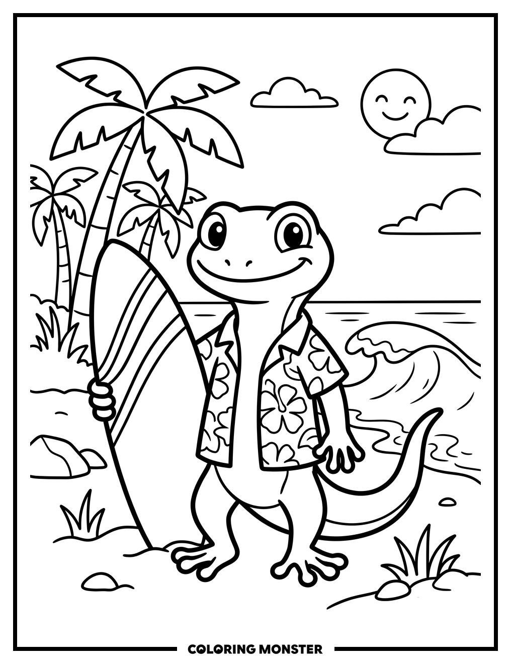 Gecko Surfer on Tropical Beach Coloring Page