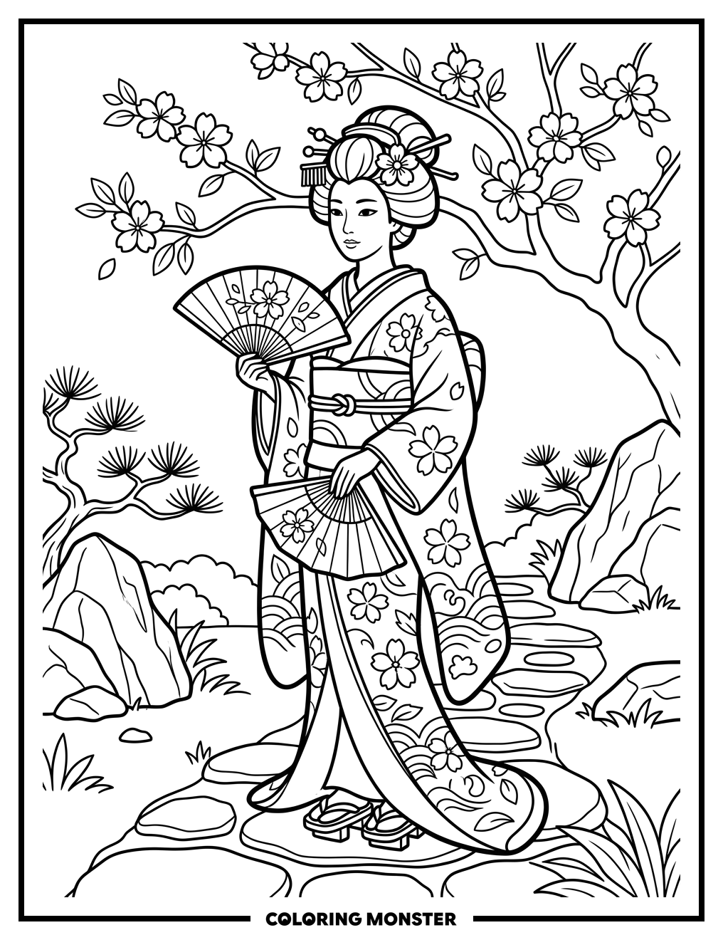 Geisha in Japanese Garden Coloring Page