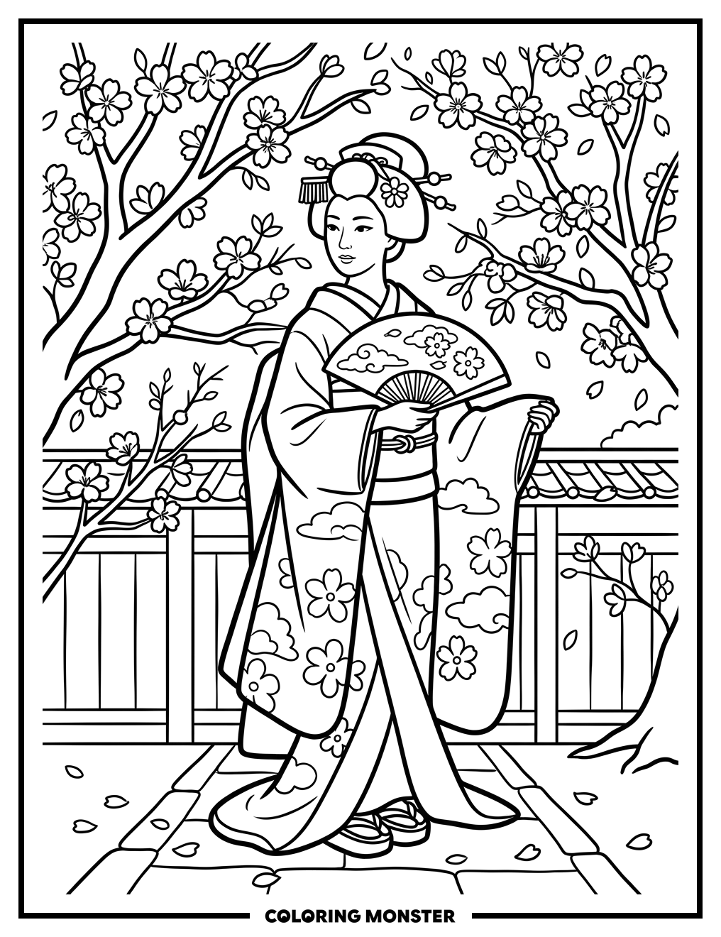 Geisha With Cherry Blossoms Coloring Page