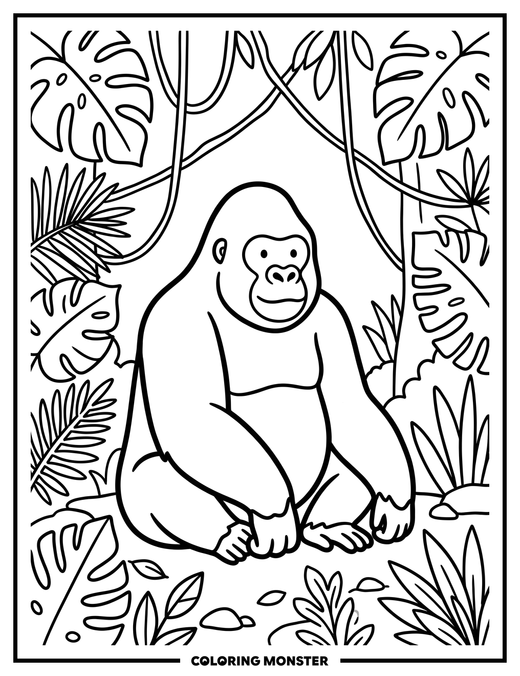 Gentle Gorilla in Jungle Clearing Coloring Page