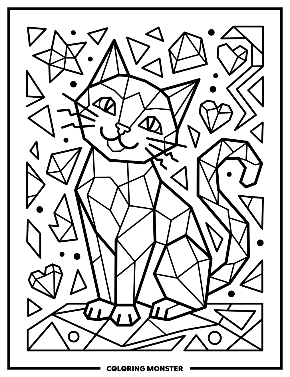 Geometric Cat Sitting Playfully Coloring Page