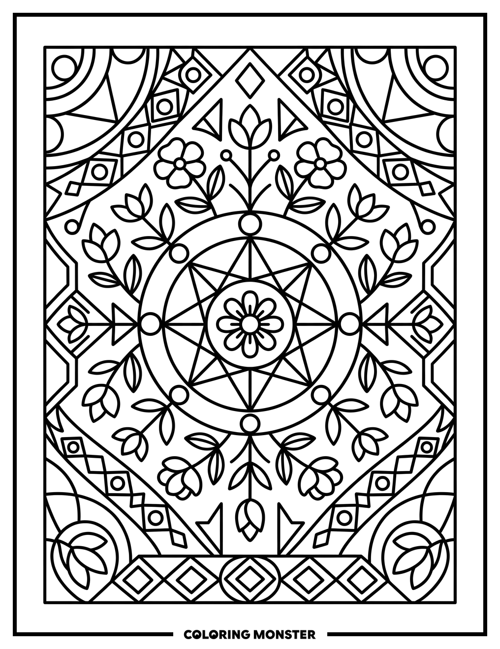 Geometric Floral Mandala Coloring Page