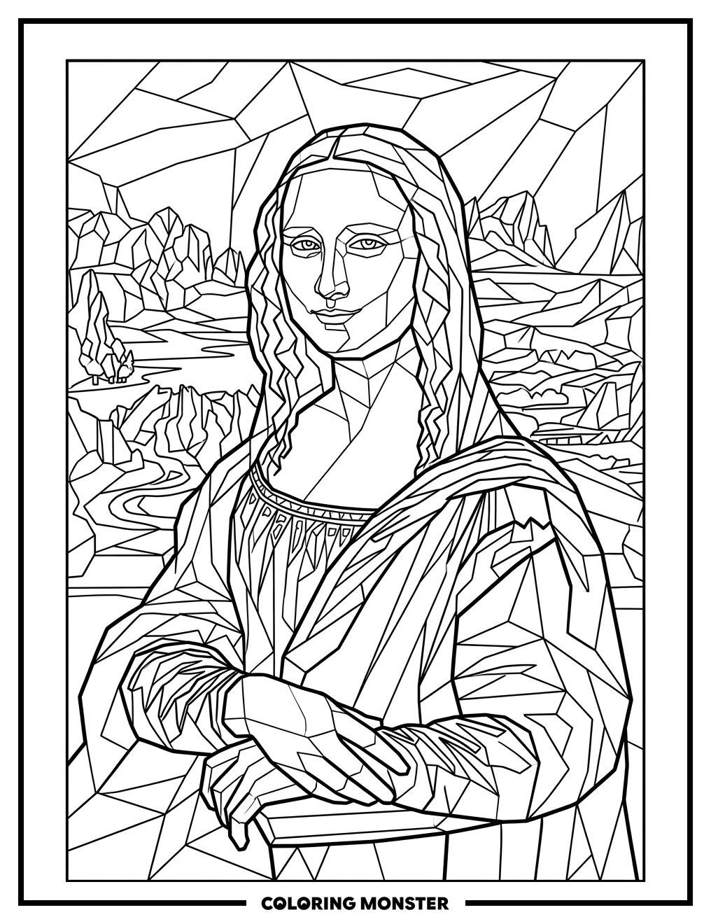 Geometric Mona Lisa Portrait Coloring Page