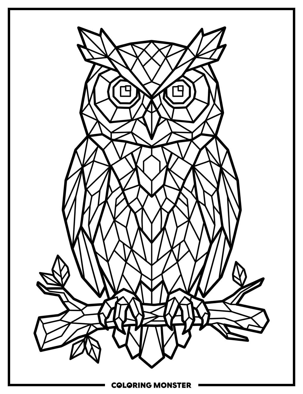 Geometric Owl Perched on Branch Coloring Page