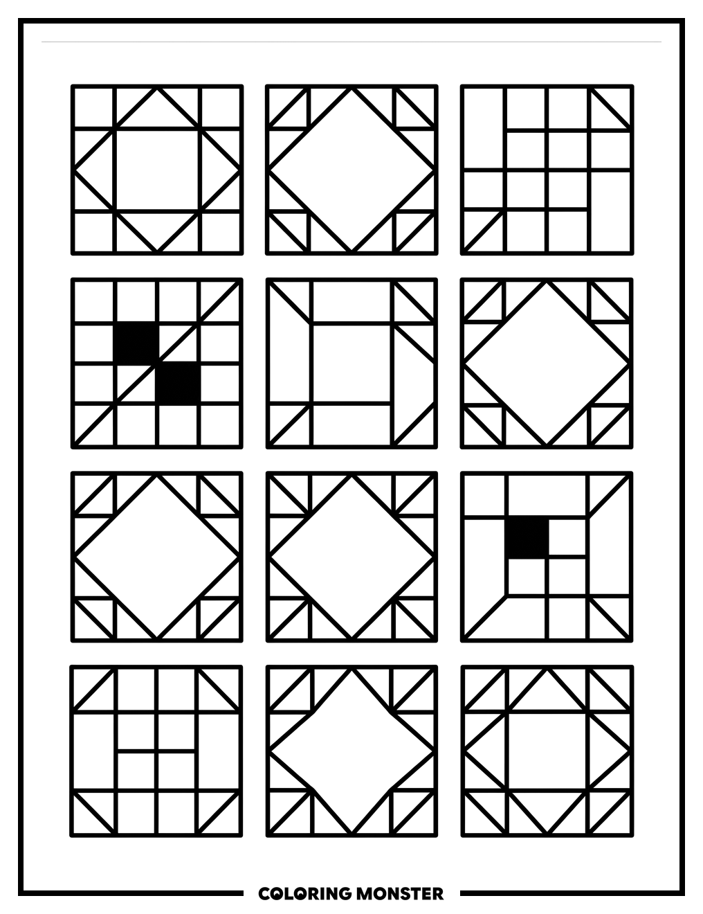 Geometric Quilt Blocks Grid Coloring Page
