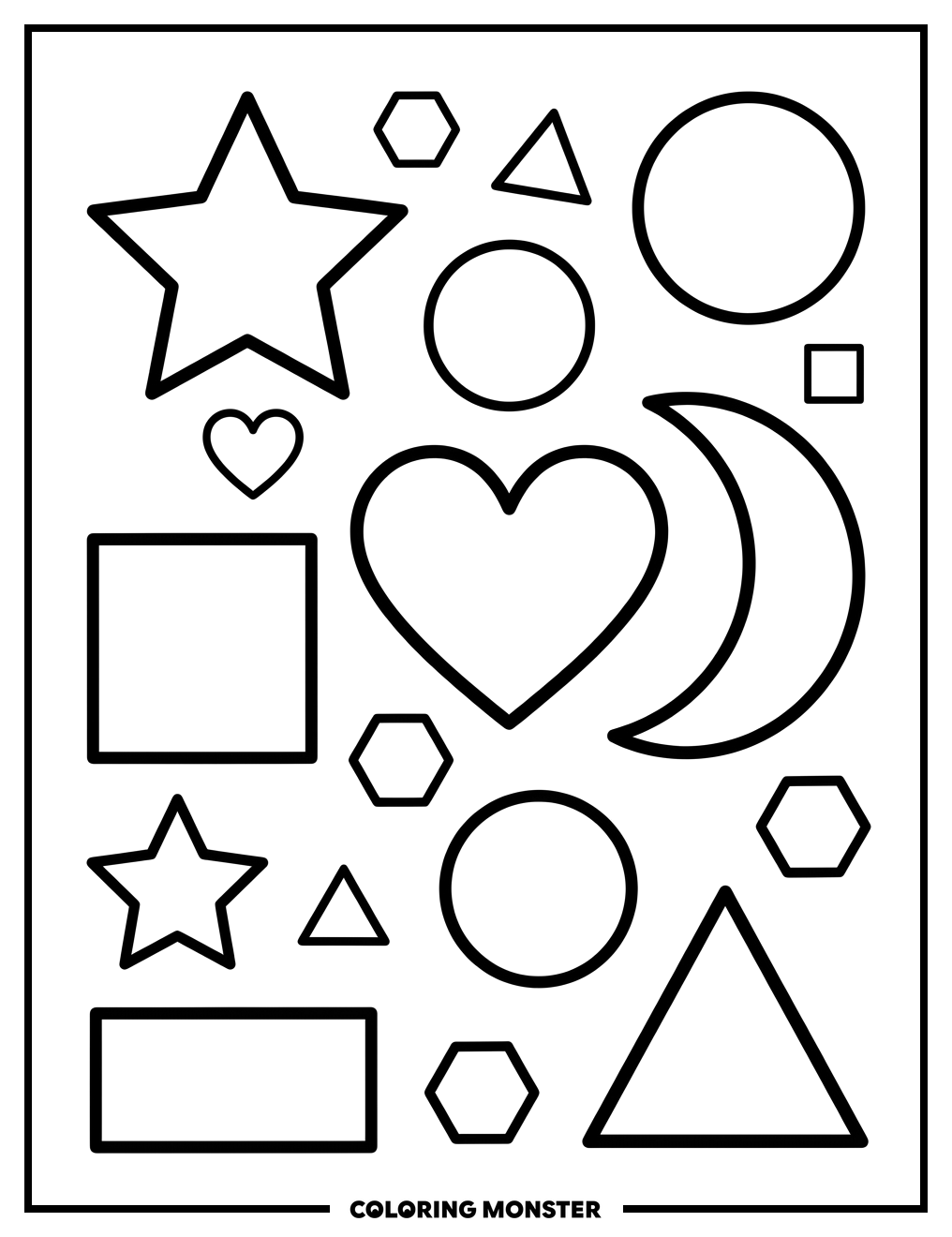 Geometric Shapes: Star, Heart, and Moon Coloring Page