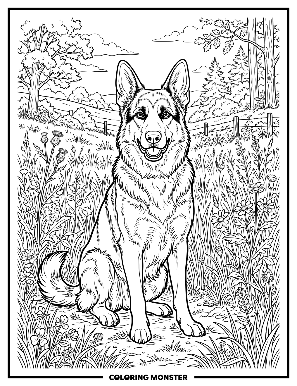 German Shepherd in Grassy Field Coloring Page