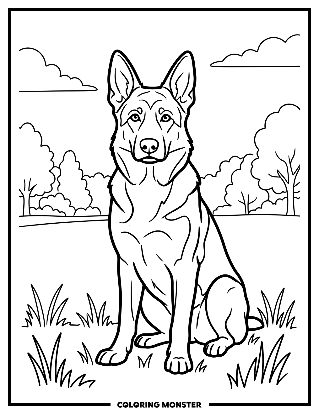 German Shepherd Sits in Grassy Field Coloring Page