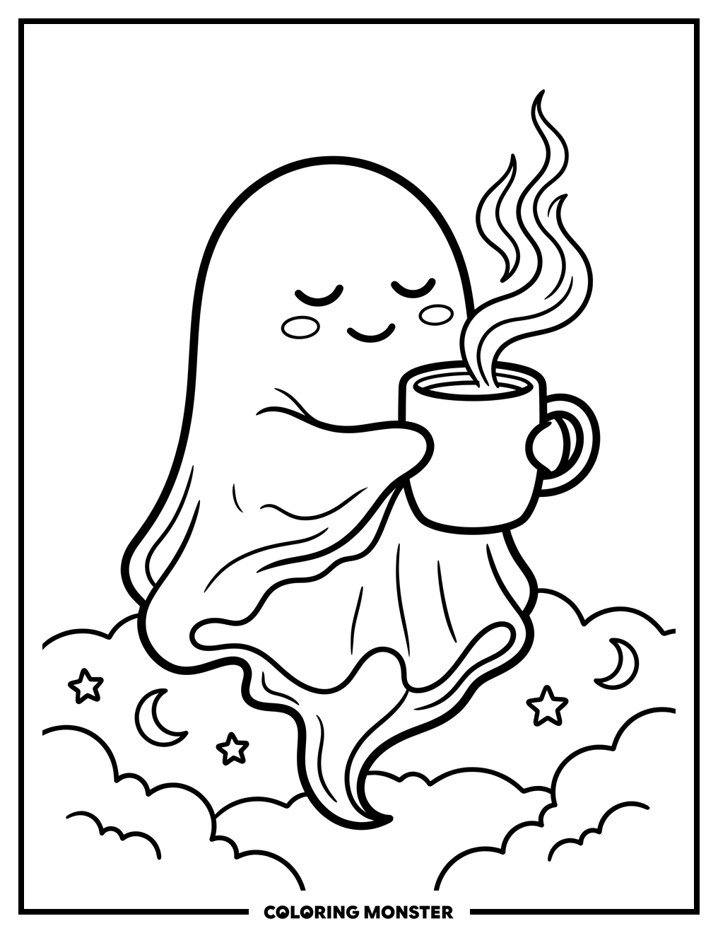 Ghost Enjoying Hot Chocolate Coloring Page