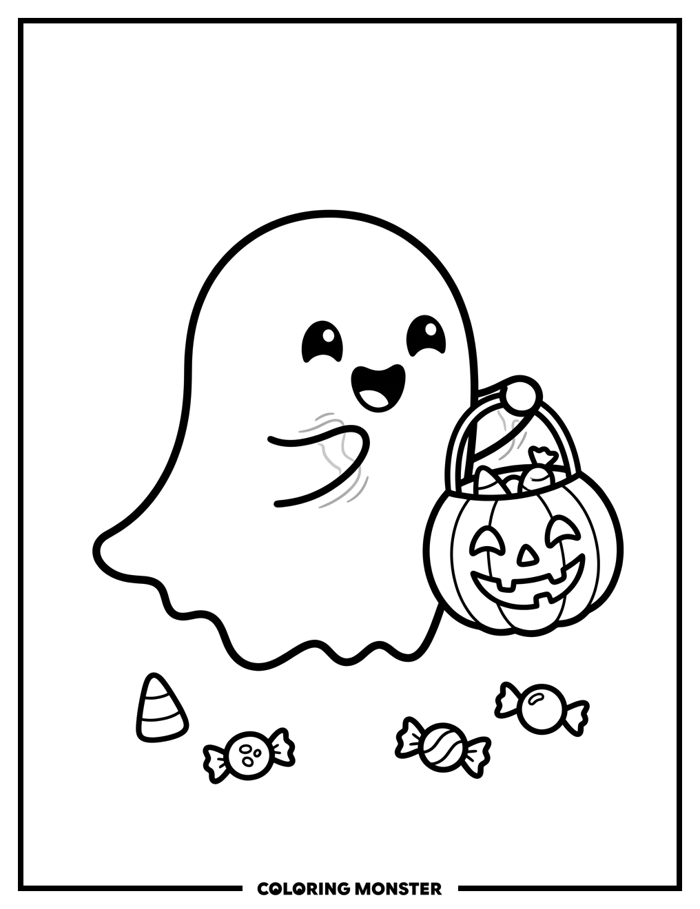 Ghost Holding Pumpkin Treat Bag Coloring Page