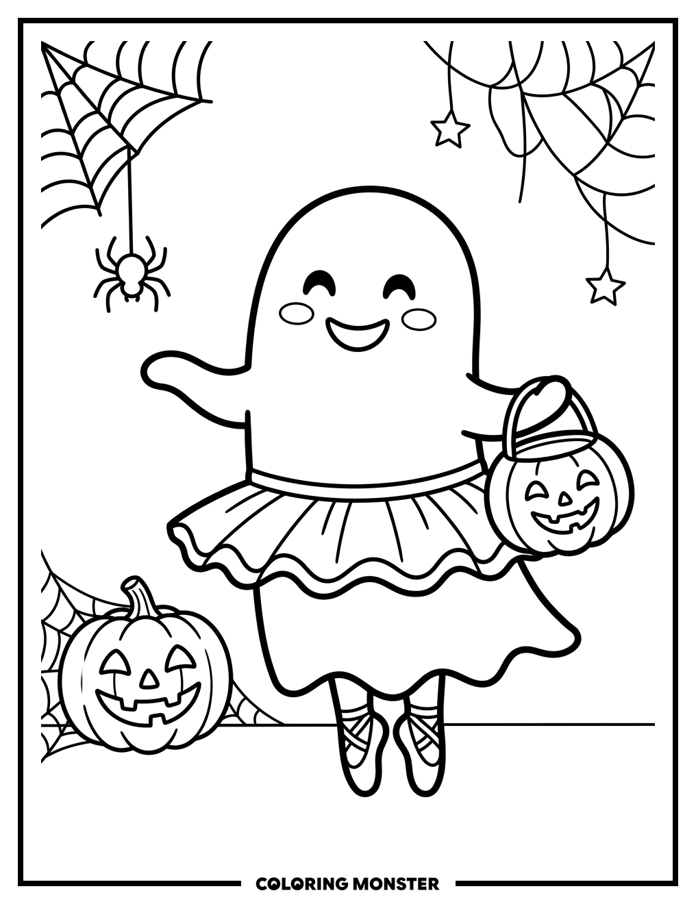 Ghost in Tutu with Pumpkin Bucket Coloring Page