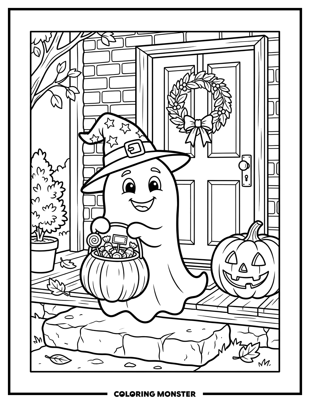 Ghost Offering Candy On Halloween Coloring Page