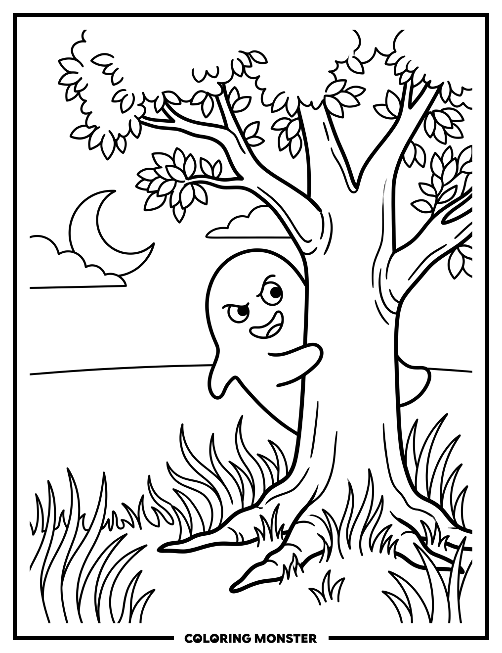 Ghost Peeking From Behind a Tree Coloring Page