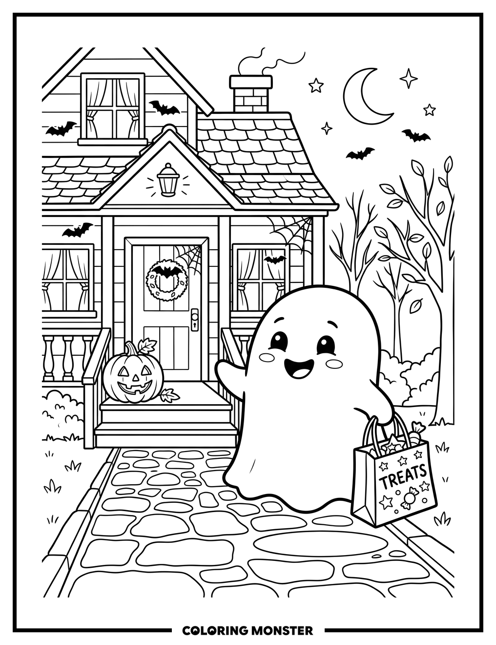 Ghost With Candy Bag Coloring Page