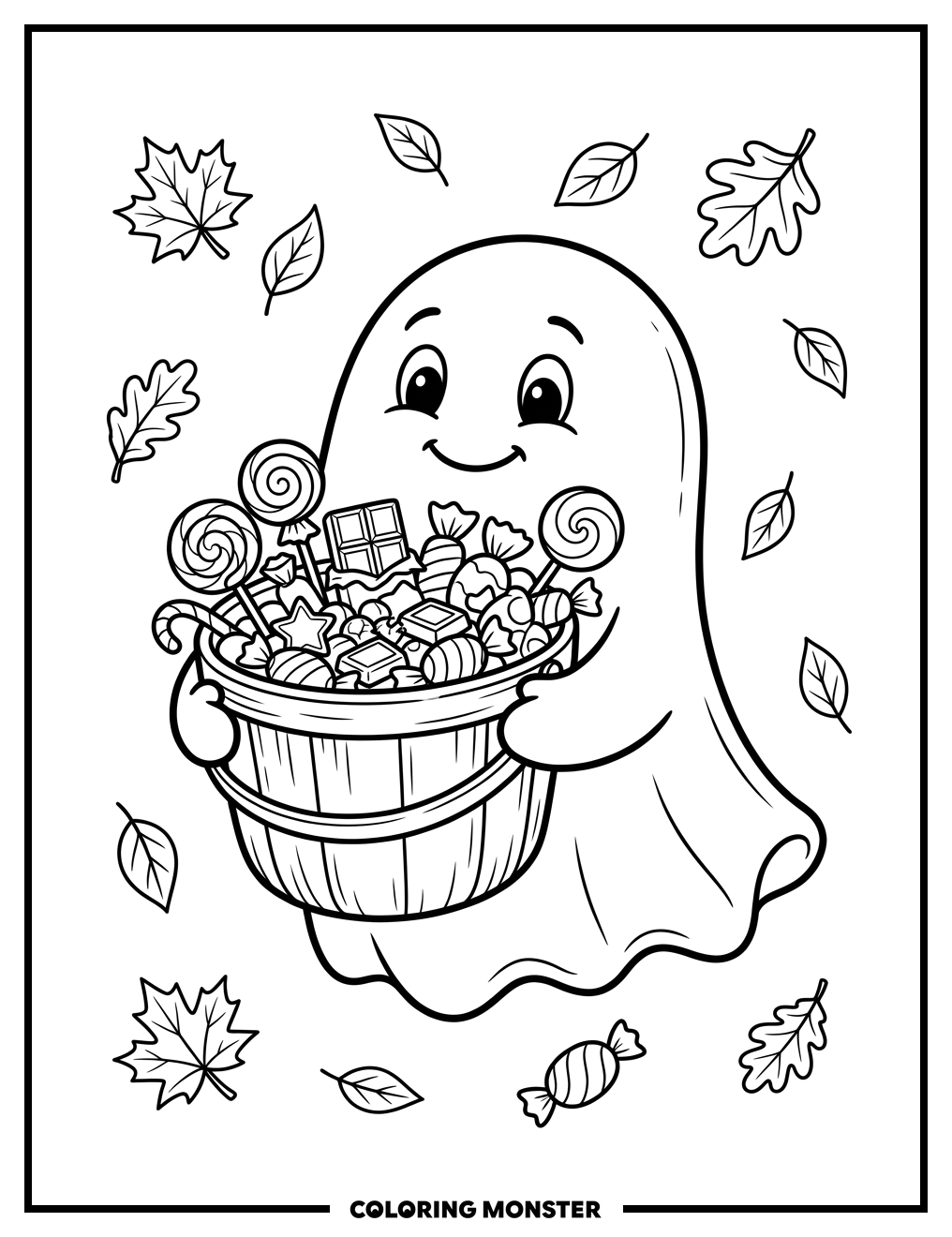Ghost With Candy Bucket Coloring Page