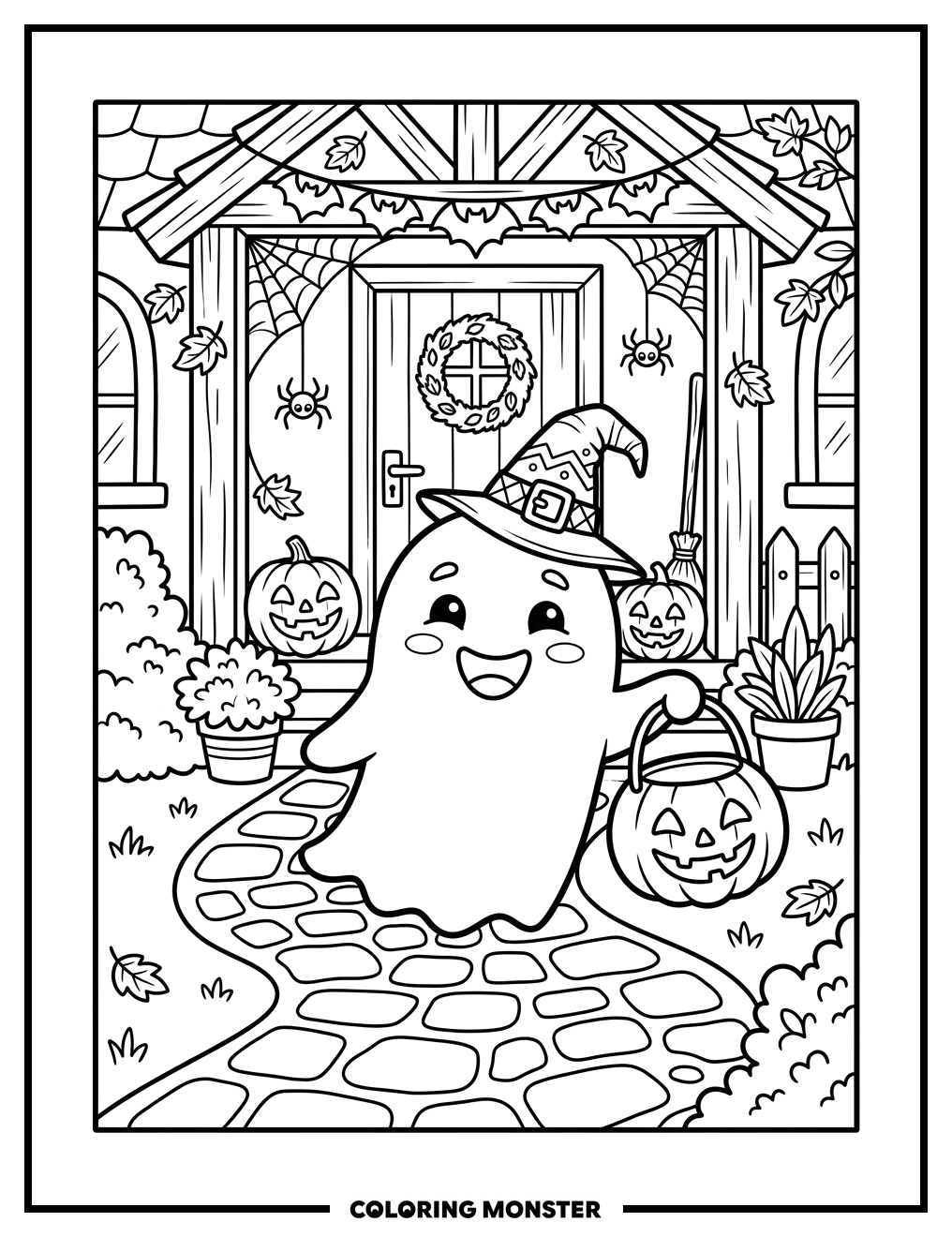 Ghost With Witch Hat And Pumpkin Coloring Page