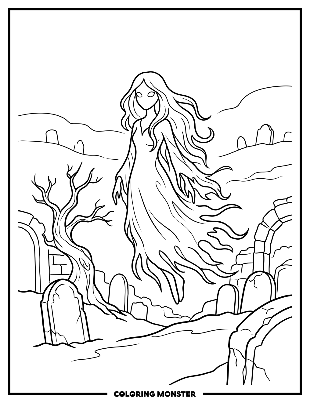 Ghostly Banshee in Graveyard Coloring Page