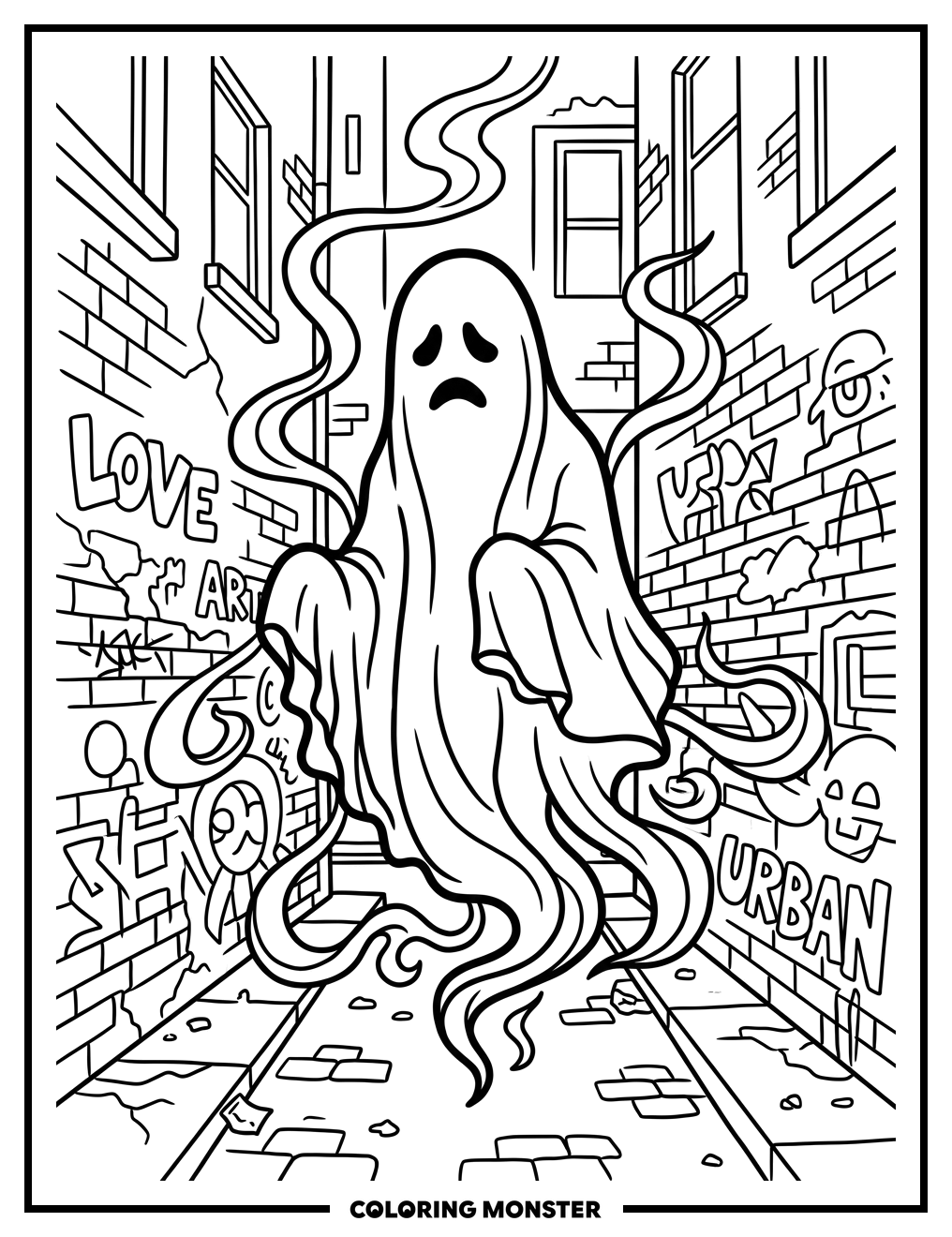 Ghostly Figure in Urban Alley Coloring Page