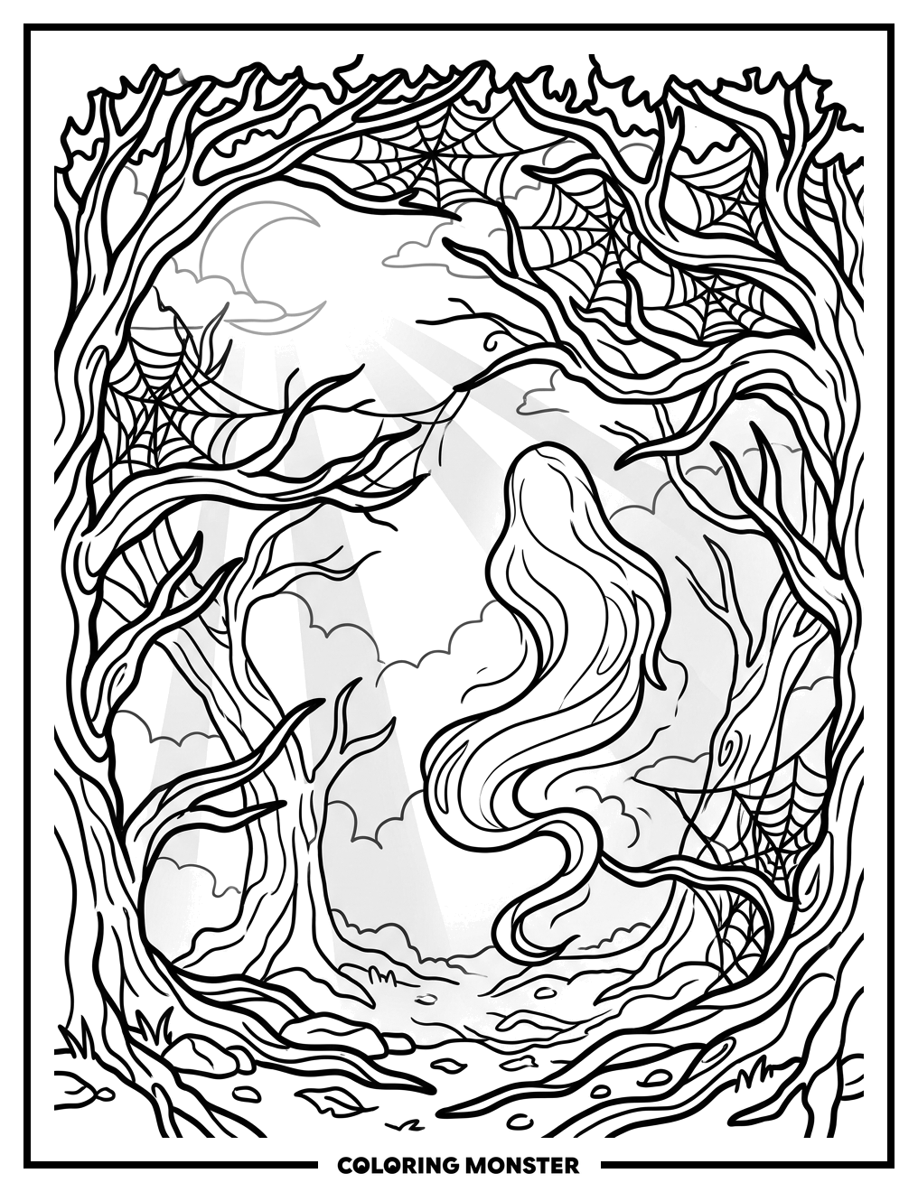 Ghostly Wraith in Misty Forest Coloring Page