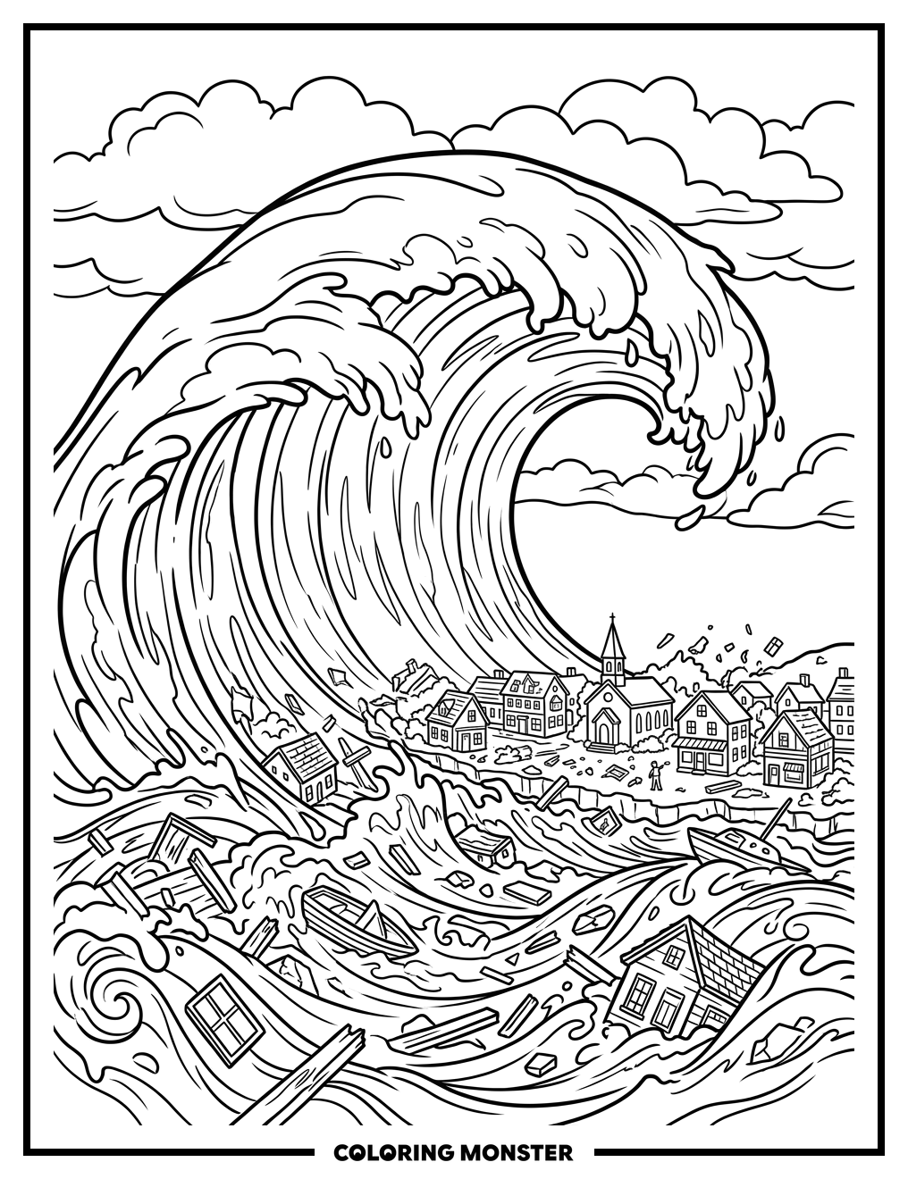 Giant Wave Crushes Tiny Town Coloring Page