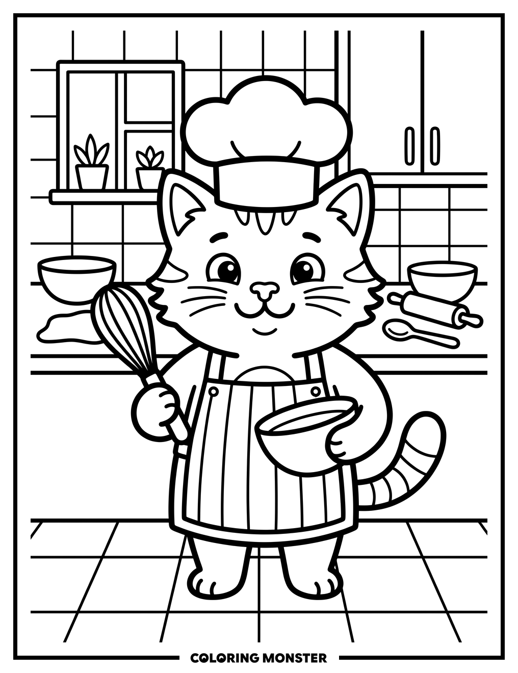 Ginger Cat Chef With Whisk Coloring Page