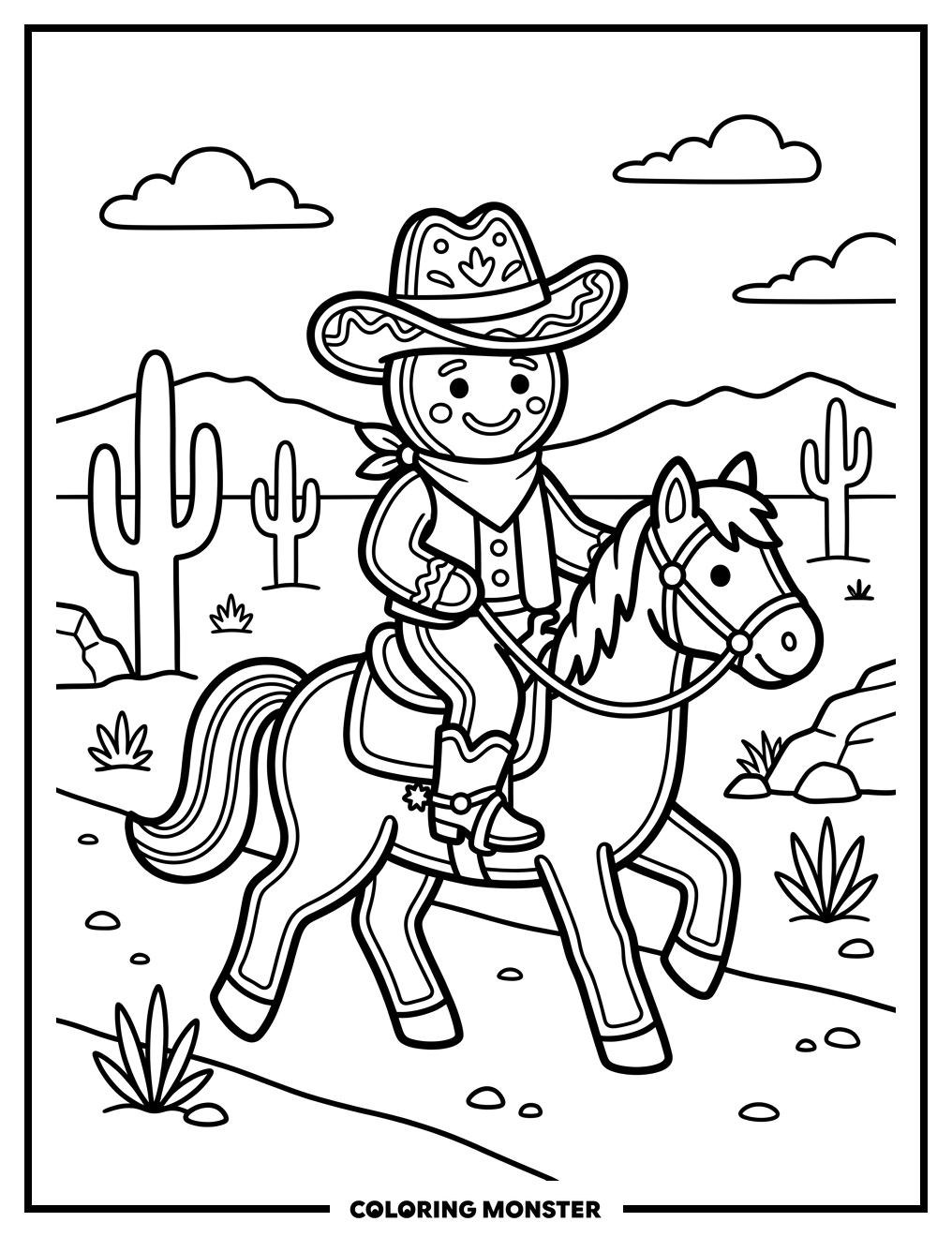 Gingerbread Cowboy on Horseback Coloring Page