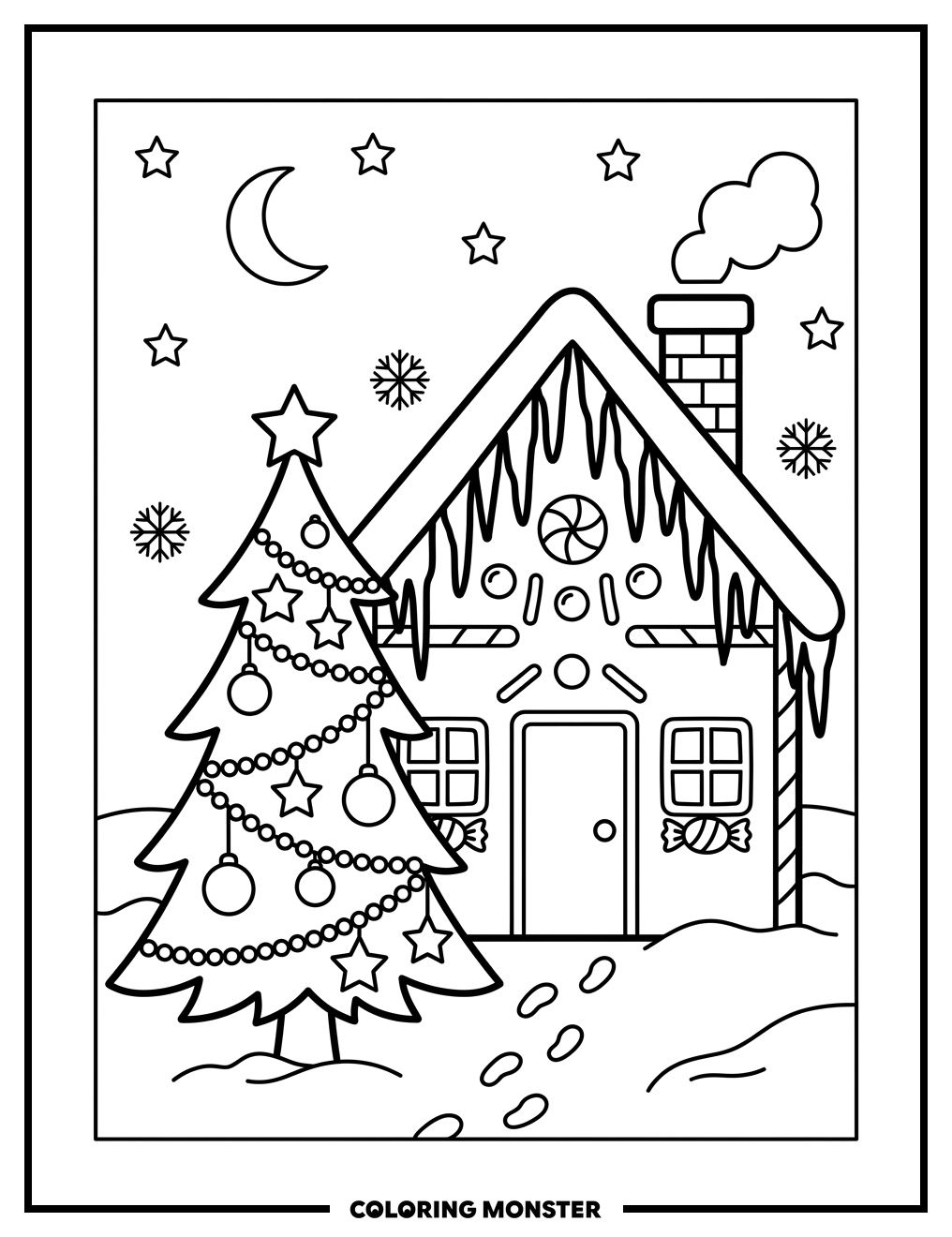 Gingerbread House and Christmas Tree Coloring Page