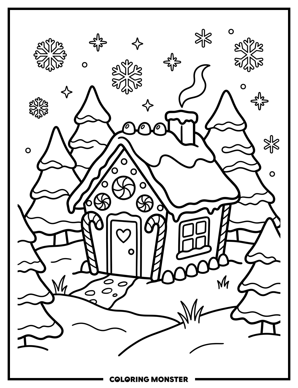 Gingerbread House in Snowy Clearing Coloring Page