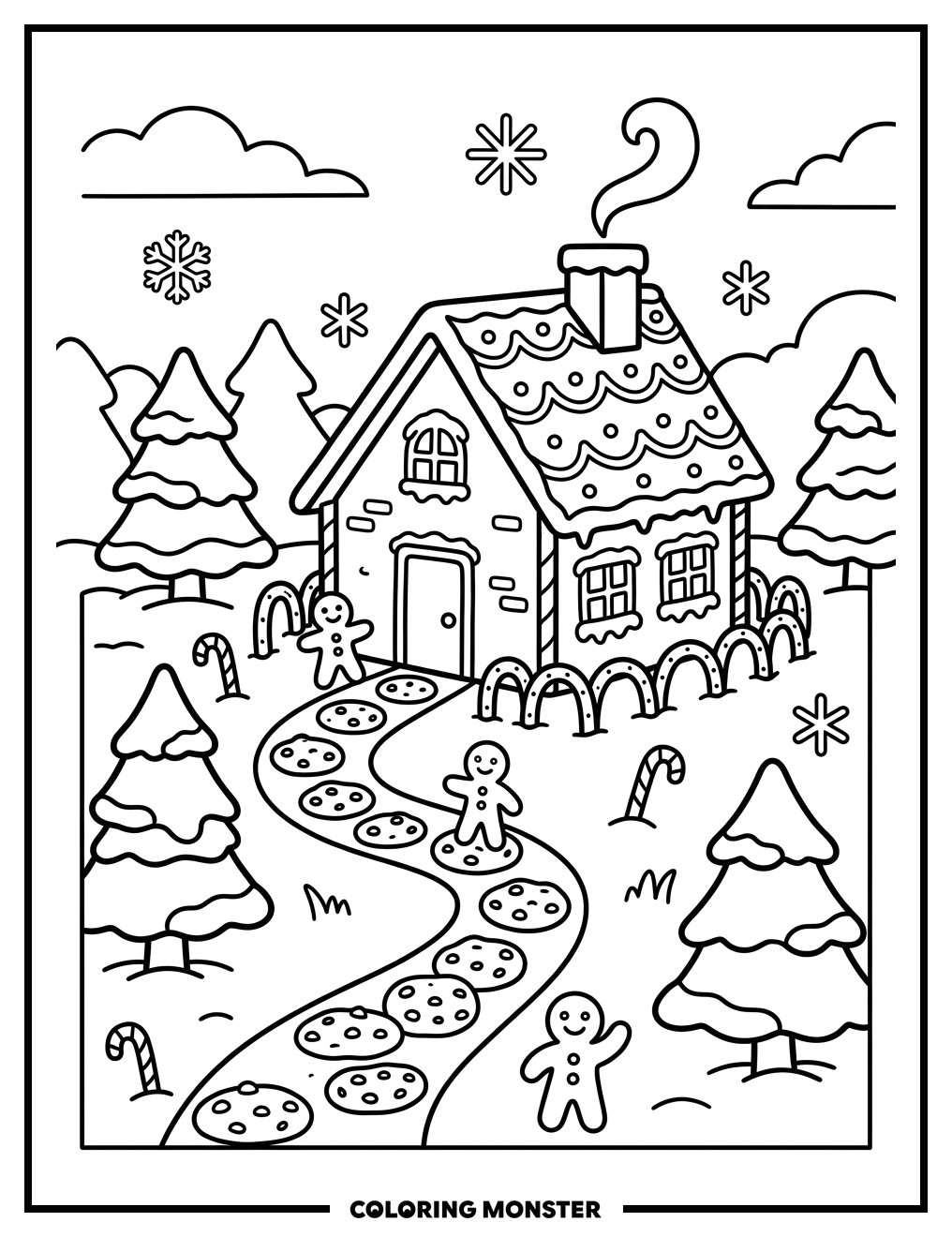 Gingerbread House with Cookie Path Coloring Page