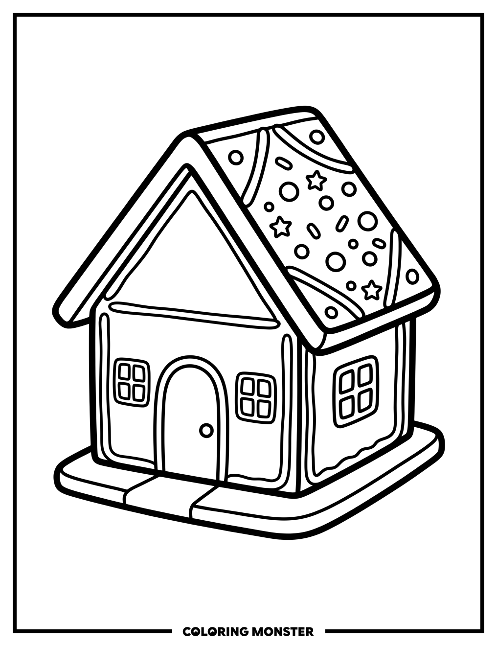 Gingerbread House with Frosting and Sprinkles Coloring Page